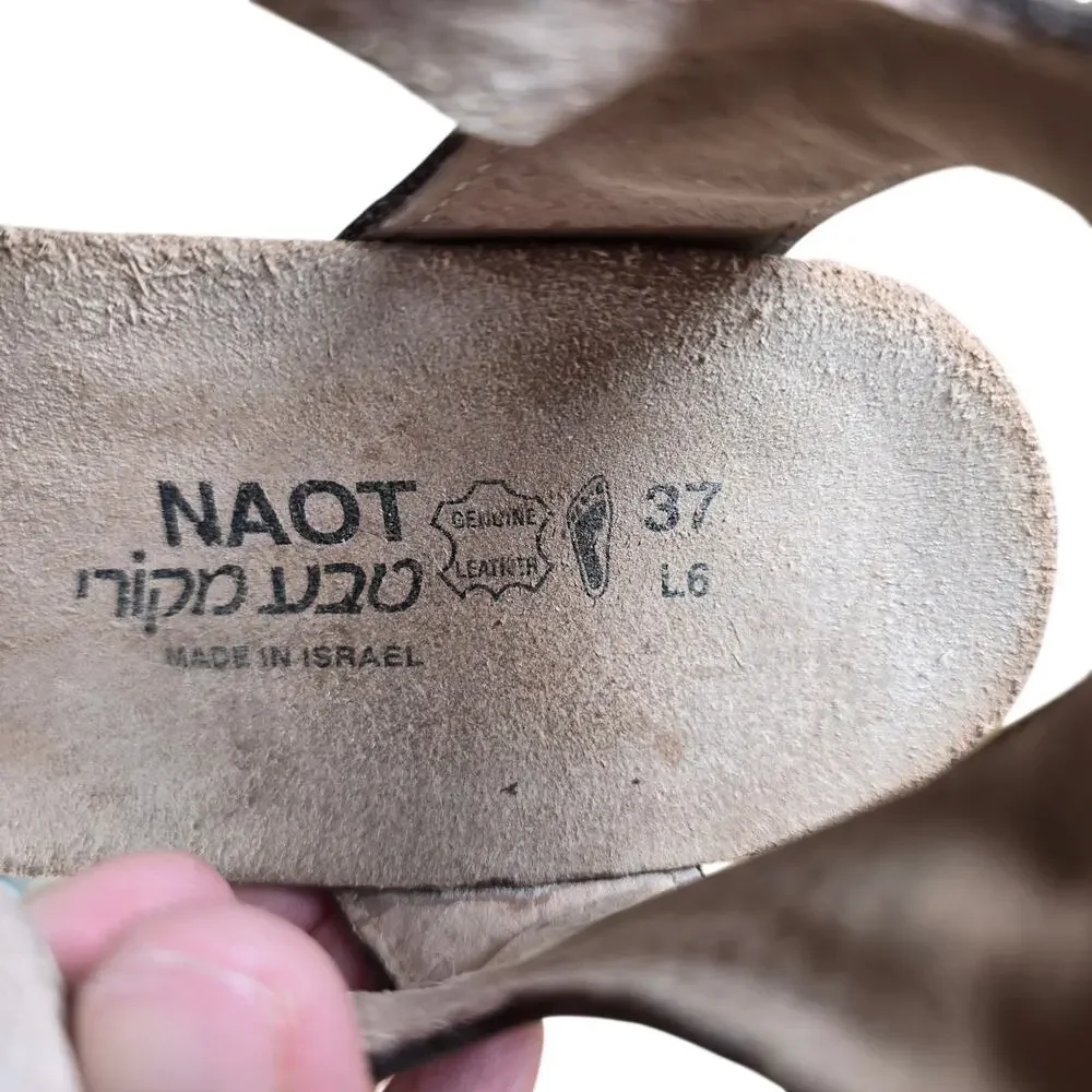 Naot Sandals 37 / 6.5-7 Fiona Beige Lizard Brown Leather Comfort Wedge Worn 1x